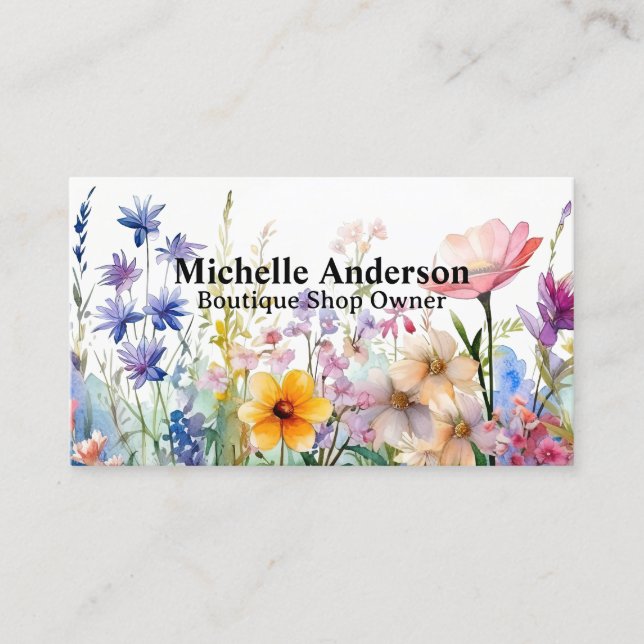 Wild Flowers Watercolor Illustration Business Card (Front)