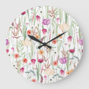 Wild Flowers Watercolor Seamless Design Large Clock