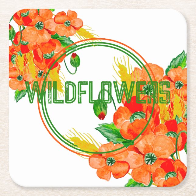 Wild flowers watercolor square paper coaster (Front)