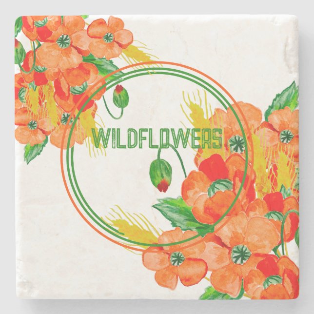 Wild flowers watercolor stone coaster (Front)