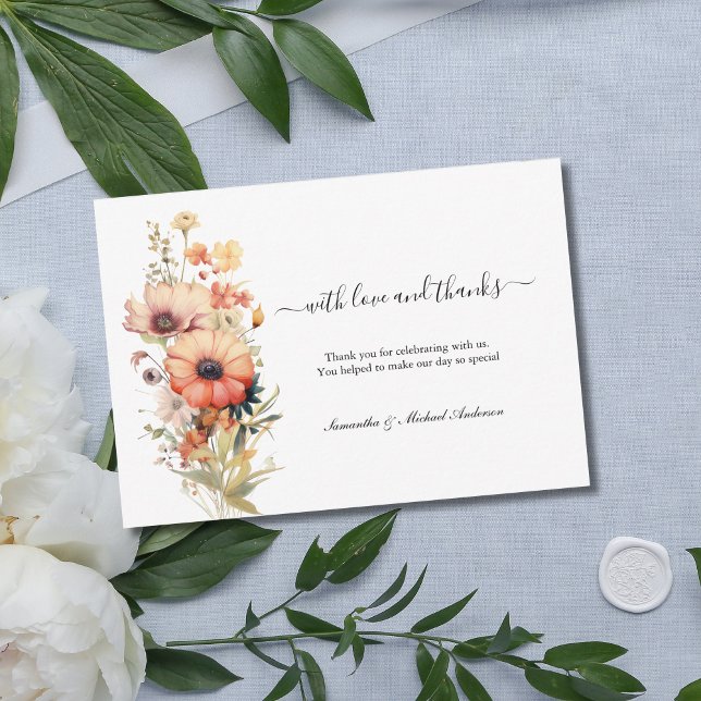 Wild Flowers Watercolor Wedding Thank you card (Peach pink yellow wildflower Wedding thank you cards Personalized.)