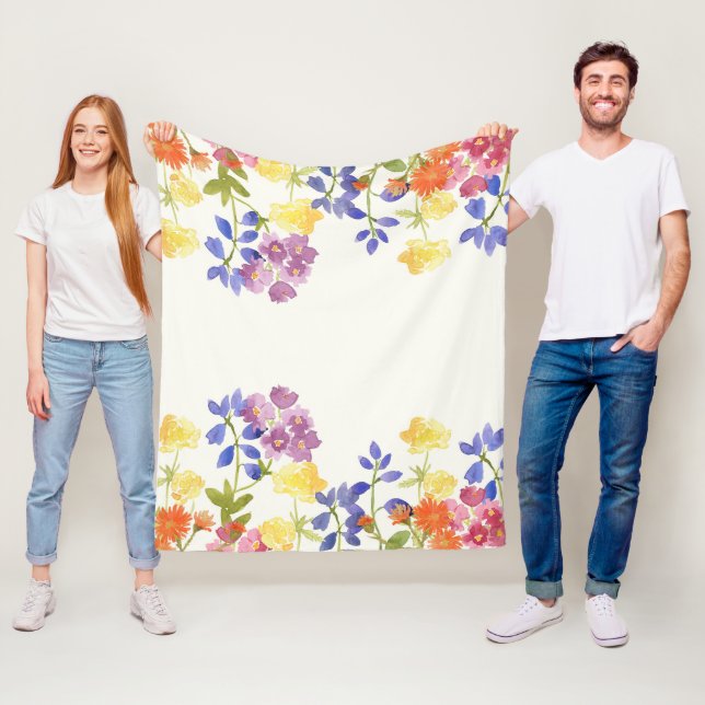 Wild Flowers Watercolour Colourful Fleece Blanket (In Situ)