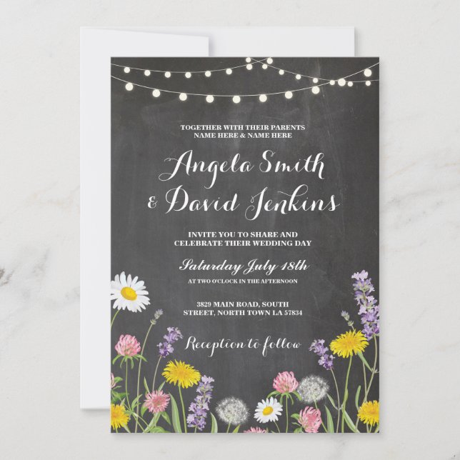 Wild Flowers Wedding Invitations Chalk Lights (Front)