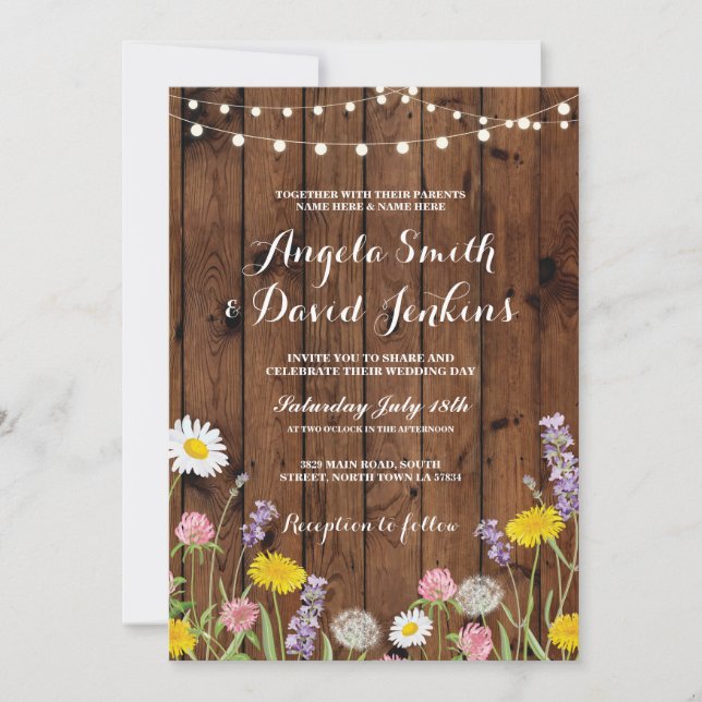 Wild Flowers Wedding Invitations Wood Lights (Front)