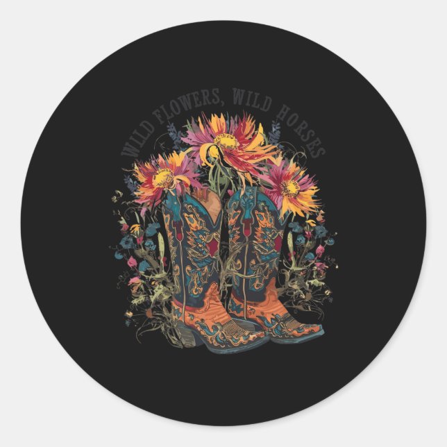 Wild Flowers - Wild Horses Cowgirl Boot Western Fl Classic Round Sticker (Front)
