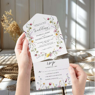 Wild Flowers Wreath Boho  Floral Botanical Wedding All In One Invitation