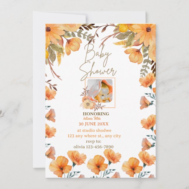 wild  flowers  yellow orange baby shower   invitation (Front)