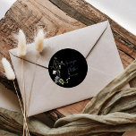 Wild Forest Floral Black Wedding    Classic Round Sticker<br><div class="desc">This wild forest floral black wedding classic round sticker is perfect for a rustic wedding reception. This design features hand-painted watercolor white and blue wild forest flowers with green foliage in a black background.</div>