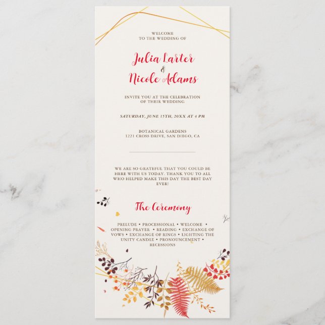 Wild Forest Flowers Fern Mushrooms Foliage Wedding Programme (Front)