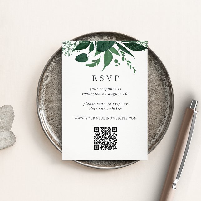 Wild Forest Green Botanical QR Code Wedding RSVP Enclosure Card (Creator Uploaded)