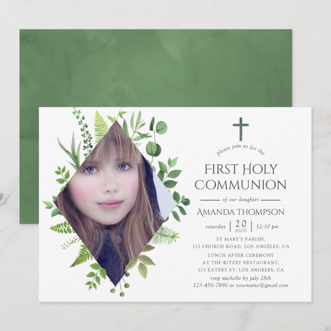 Wild Forest Greenery First Holy Communion Invitation (Front/Back)