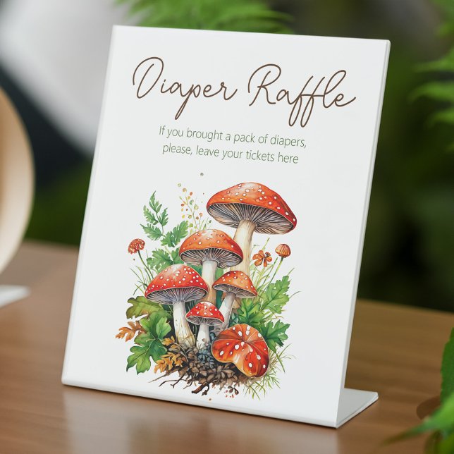 Wild forest mushrooms baby shower diaper raffle pedestal sign (Wild forest mushrooms baby shower diaper raffle pedestal sign personalized table decor)