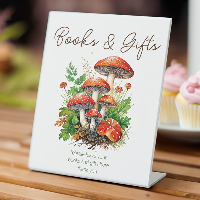 Wild forest mushrooms baby shower gifts pedestal sign (Wild forest red mushrooms green fern baby shower books and gifts pedestal sign table decor)