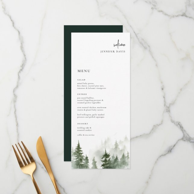Wild Forest Pines Wedding Place Card Menu (Front/Back In Situ)