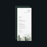 Wild Forest Pines Wedding Place Card Menu<br><div class="desc">Elegant watercolor forest pine tree scene,  wedding guest place card menu. Features,  modern black typography with coordinating dark green colour backing.</div>