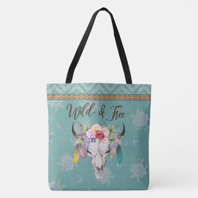 Wild & Free Boho Tote Bag (Faded Turquoise) (Front)
