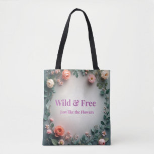 Wild & Free Floral Line Art Boho Minimal Design Tote Bag