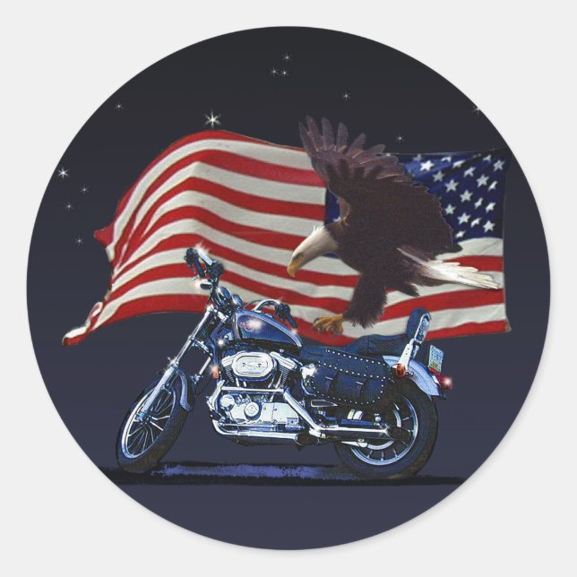Wild & Free - Patriotic Eagle, Motorbike & US Flag Classic Round Sticker (Front)
