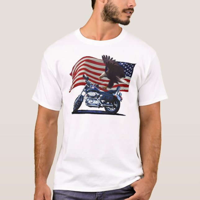 Wild & Free - Patriotic Eagle, Motorbike & US Flag T-Shirt (Front)