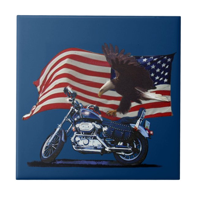 Wild & Free - Patriotic Eagle, Motorbike & US Flag Tile (Front)