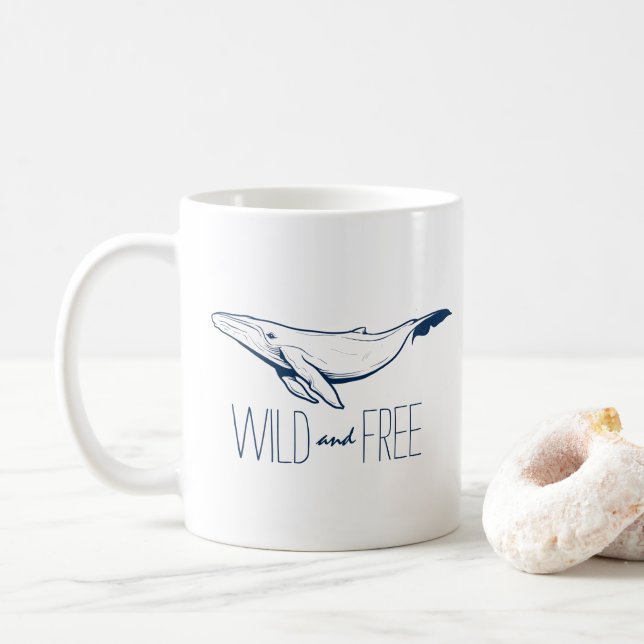 Wild & Free Whale Navy Blue Beach Ocean Coffee Mug (With Donut)