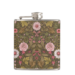 Wild garden on coffee brown hip flask