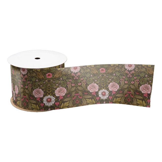 Wild garden on coffee brown satin ribbon (Spool)
