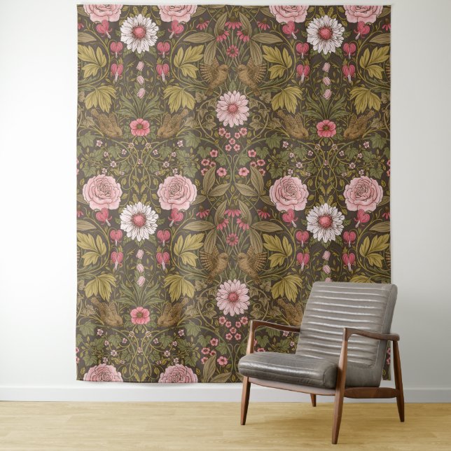 Wild garden on coffee brown tapestry (In Situ)