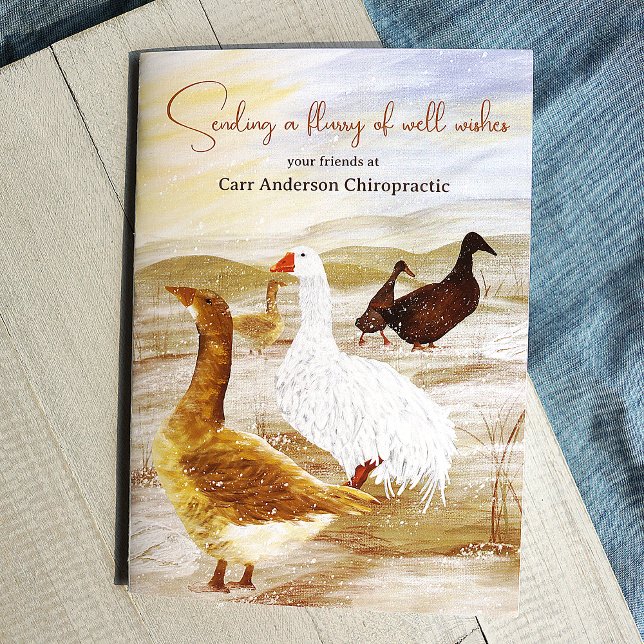 Wild Geese, Company Logo Holiday Christmas Card (company holiday cards farm wild geese christmas goose, natural brown beige white falling snow)