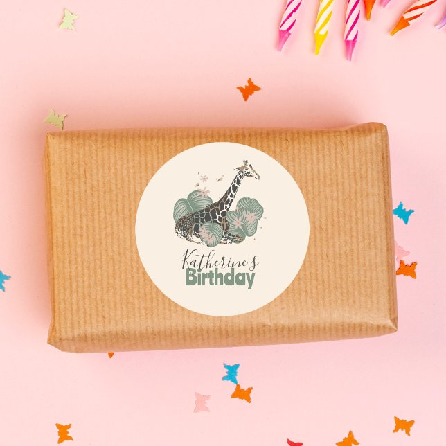 Wild Giraffe Jungle Botanical Animal Birthday  Classic Round Sticker (Creator Uploaded)