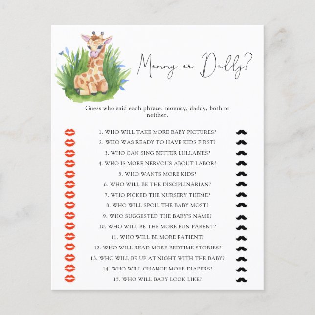 Wild Giraffe - mummy or daddy baby shower game (Front)