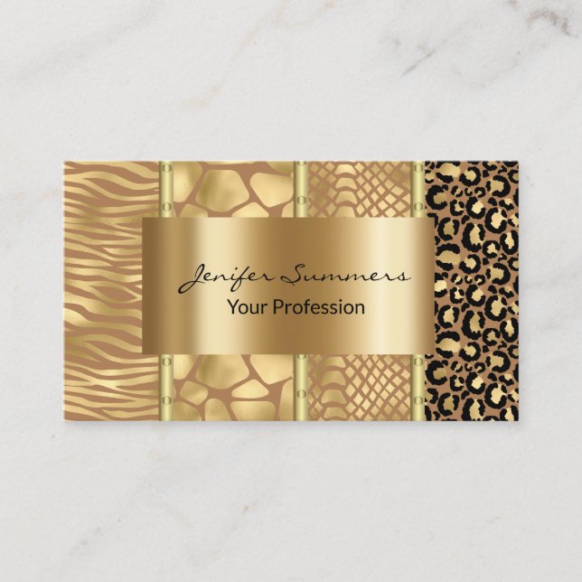 Wild Giraffe Snake Tiger Zebra Gold Mixed Prints Business Card (Front)