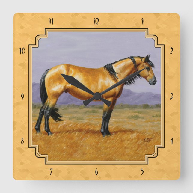 Wild Golden Buckskin Horse Yellow Square Wall Clock (Front)