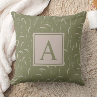 Wild grasses and custom monogram on sage green   cushion