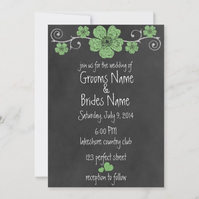 Wild Green Roses Chalkboard Wedding Invitation (Front)