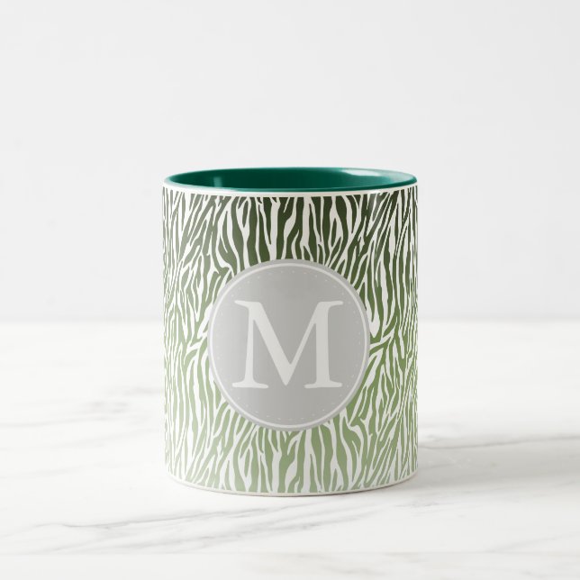 Wild Green Zebra Print Ombre Monogram Two-Tone Coffee Mug (Center)