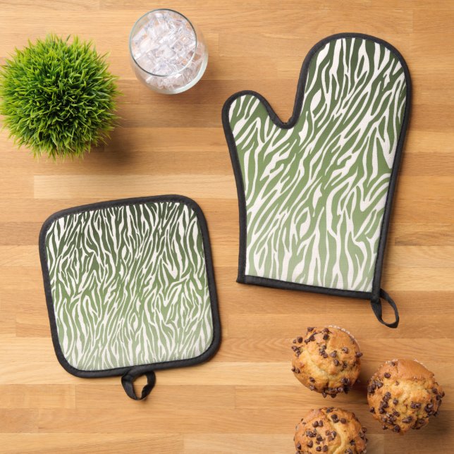 Wild Green Zebra Print Ombre Oven Mitt & Pot Holder Set (Top Down)