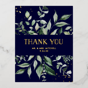 Wild Greenery   Navy and Gold Thank You Foil Invitation Postcard