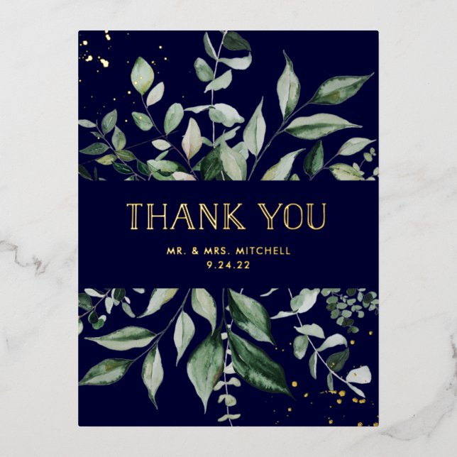 Wild Greenery | Navy and Gold Thank You Foil Invitation Postcard (Front)
