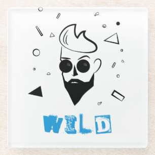 Wild Guy - Sketched Man in Black, White & Blue Glass Coaster
