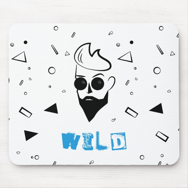 Wild Guy - Sketched Man in Black, White & Blue Mouse Mat (Front)