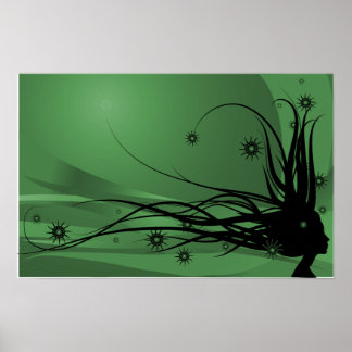 Wild Hair Lady Profile Silhouette - Black & Green Poster