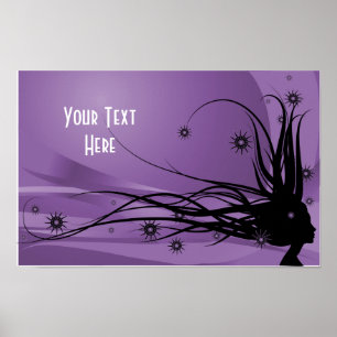 Wild Hair Lady Profile Silhouette -Black & Purple Poster
