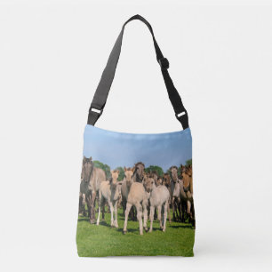 Wild Herd Dulmen Horses with Cute Foals Photo on Crossbody Bag