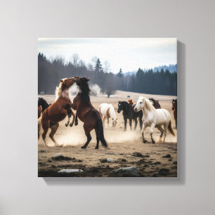 Wild Herd in Motion – Playful Horses in Meadow Canvas Print