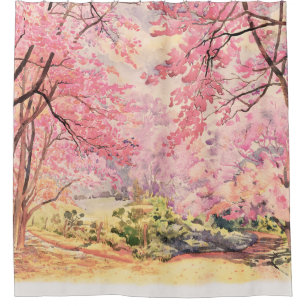 Wild Himalayan Cherry: Watercolor Landscape. Shower Curtain