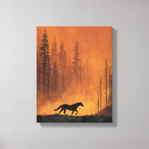 Wild Horse Firelight Forest Silhouette Art Canvas Print