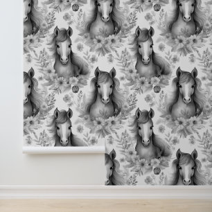 Wild Horse Flowing Mane Floral Grayscale Wallpaper