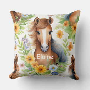 Wild Horse Flowing Mane Yellow Floral Greenery Cushion