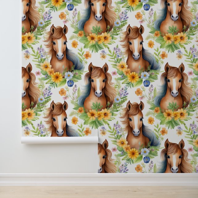 Wild Horse Flowing Mane Yellow Floral Greenery Wallpaper (Application)